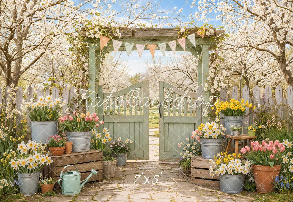 Kate Spring Garden Gate Flower Pots Cherry Blossoms Printed Backdrop Designed by Emetselch