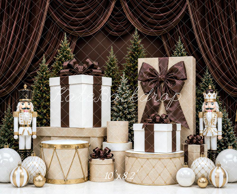 Kate Christmas Nutcracker Gift Boxes Tree Brown Curtains Printed Backdrop Designed by Mini MakeBelieve
