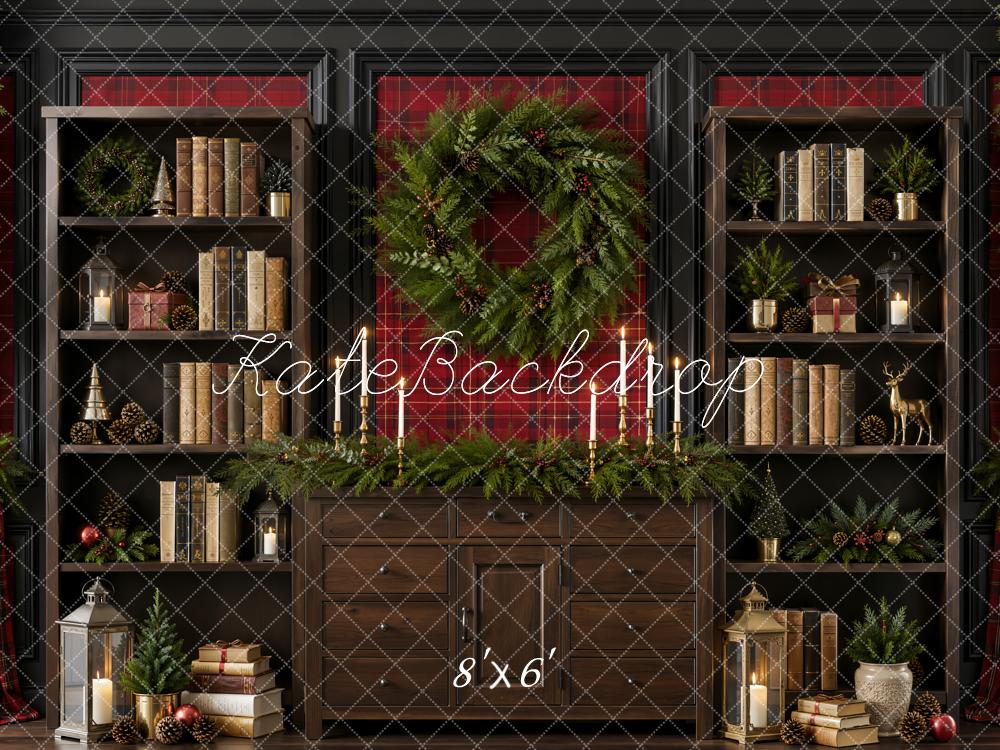 Kate Christmas Retro Library Wreath Brown Bookshelf Printed Backdrop Designed by Emetselch