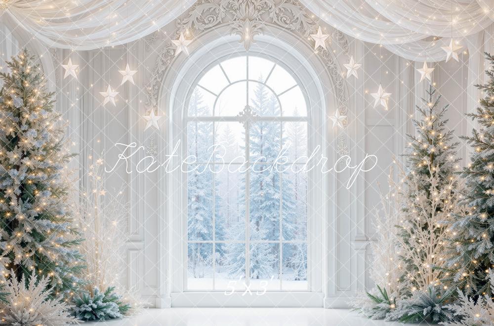 Kate Christmas Snowy Window Trees Hanging Stars Printed Backdrop Designed by Mini MakeBelieve