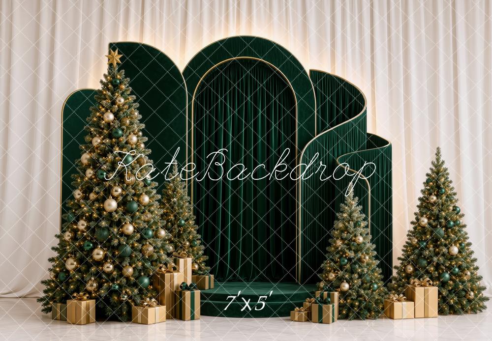 Kate Christmas Green Arch Panel Christmas Trees Gifts Printed Backdrop Designed by Ashley Ward