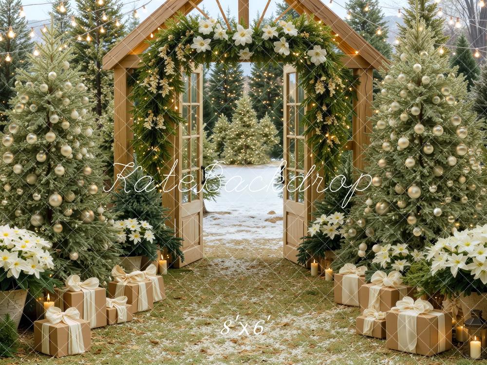 Kate Christmas Rustic Wood Arch Christmas Tree Presents Poinsettia Printed Backdrop Designed by Mini MakeBelieve