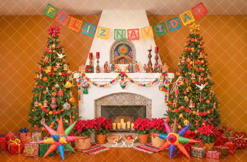 Kate Christmas Mexican Navidad Fireplace Trees Piñata Gifts Backdrop Designed by Emetselch