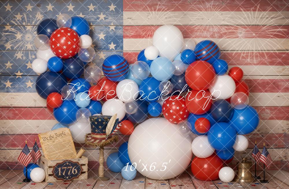 Kate 4th of July Patriotic Balloons American Flag Fireworks Wood Floor Printed Backdrop Designed by Emetselch