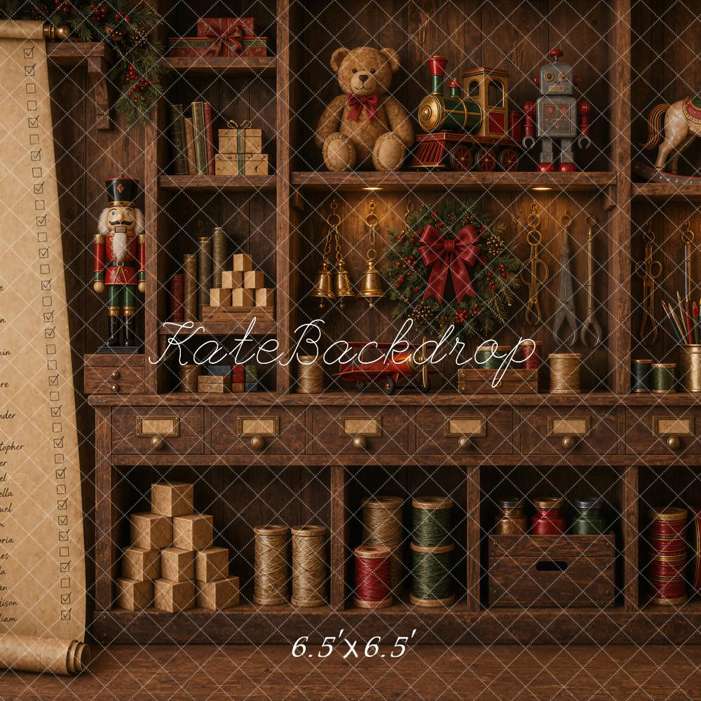 Kate Christmas Santas Workshop Toy Shelf Nutcracker Train Wreath Printed Backdrop Designed by Ashley Ward