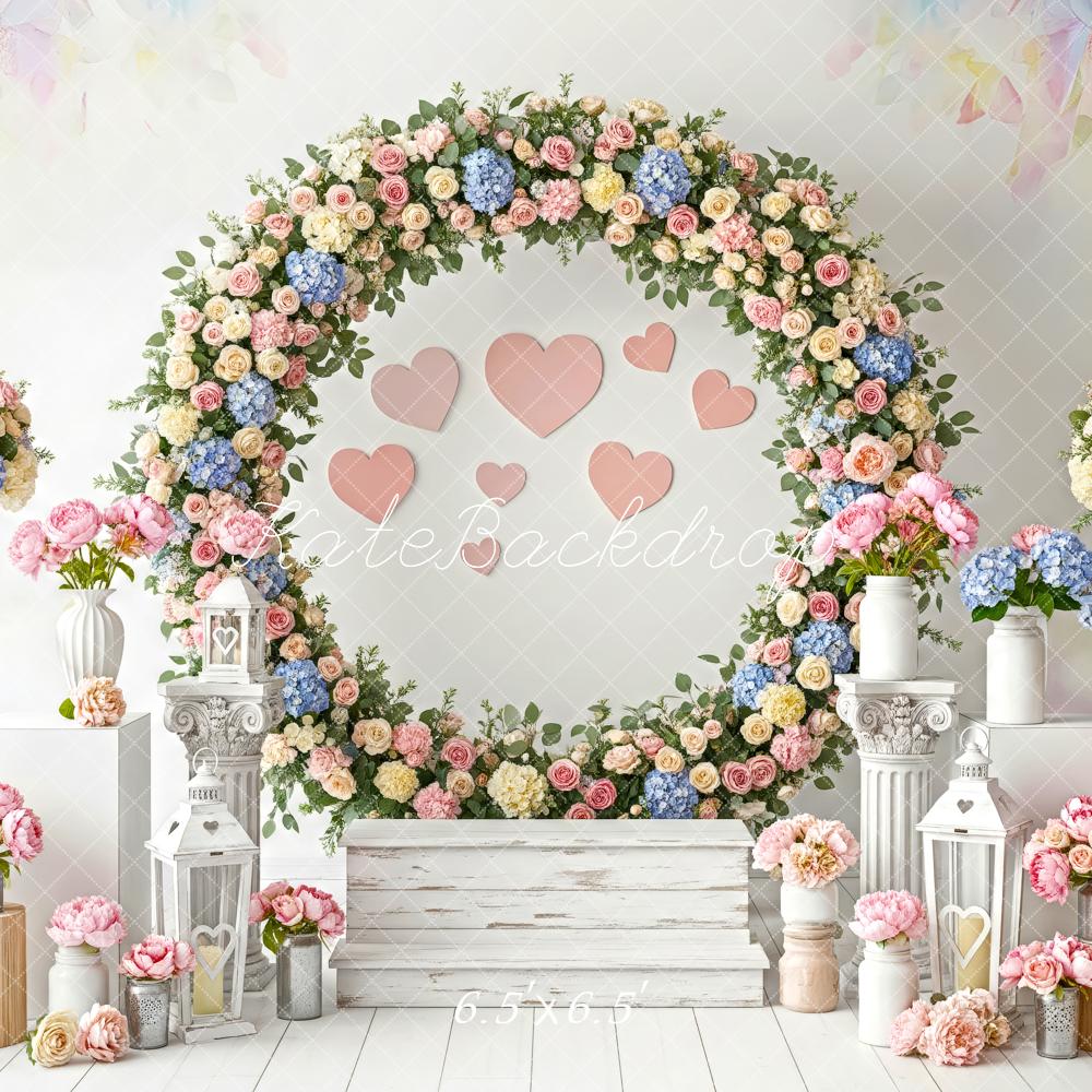 Kate Valentine's Day Flower Arch Hearts Lanterns Pedestals Backdrop Designed by Patty Roberts