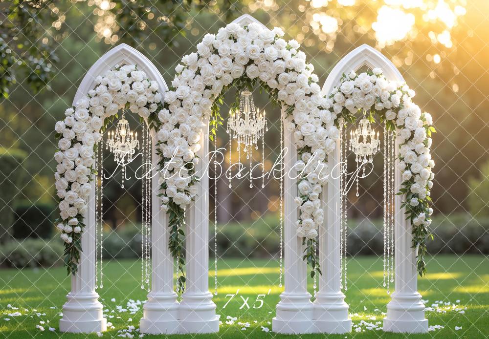 Kate Spring Flower Arch White Roses Chandelier Columns Backdrop Designed by Mini MakeBelieve