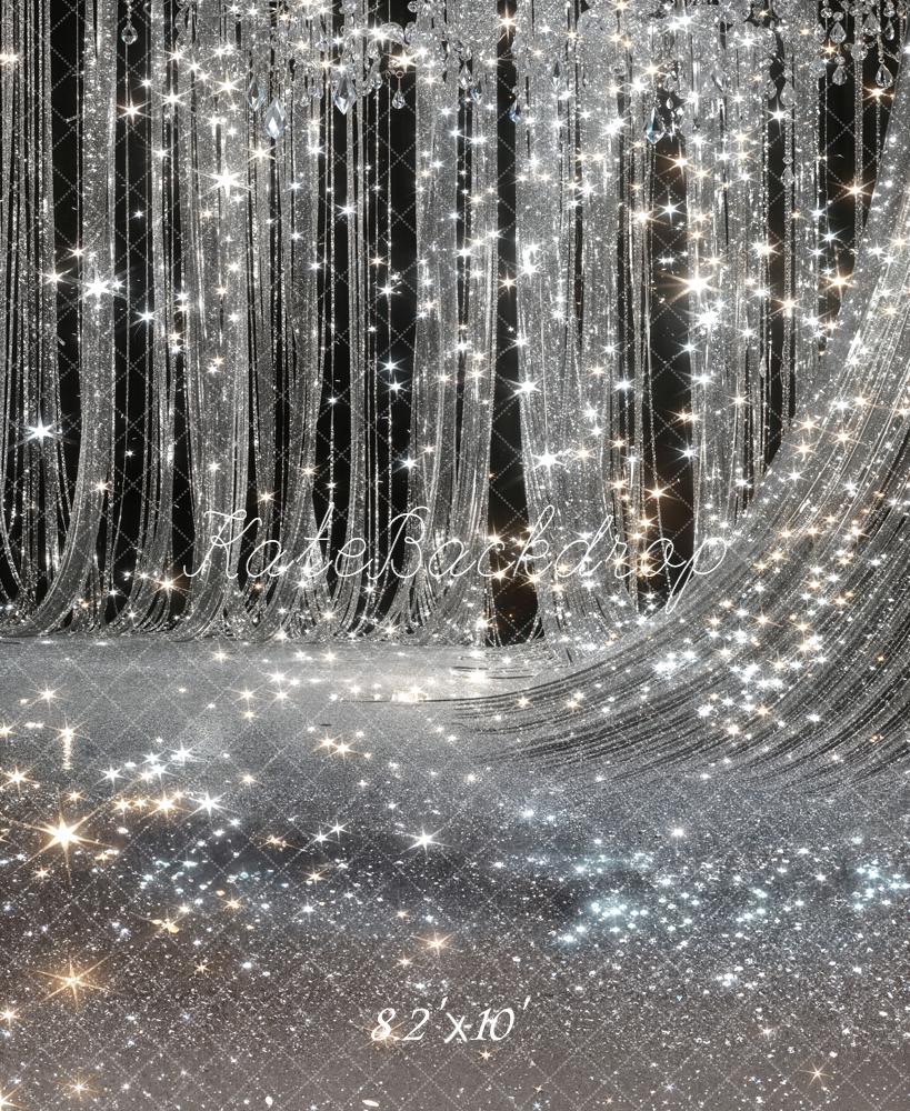 Kate Silver Glitter Crystal Chandelier Drapes Printed Backdrop Designed by Chain Photography