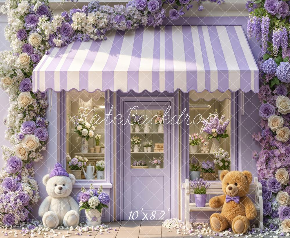 Kate Spring Lavender Flower Shop Striped Awning Teddy Bears Backdrop Designed by Emetselch