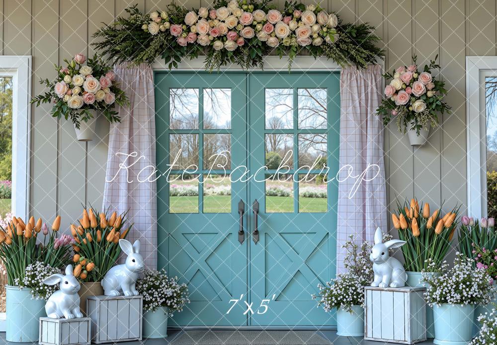 Kate Easter Bunny Blue Door Flower Arrangement Printed Backdrop Designed by Mini MakeBelieve