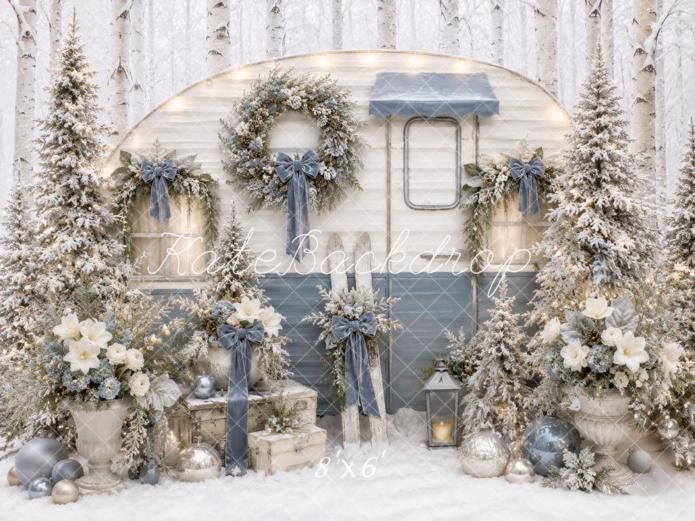 Kate Christmas Snowy Blue Camper Bow Wreaths Printed Backdrop Designed by Ashley Paul