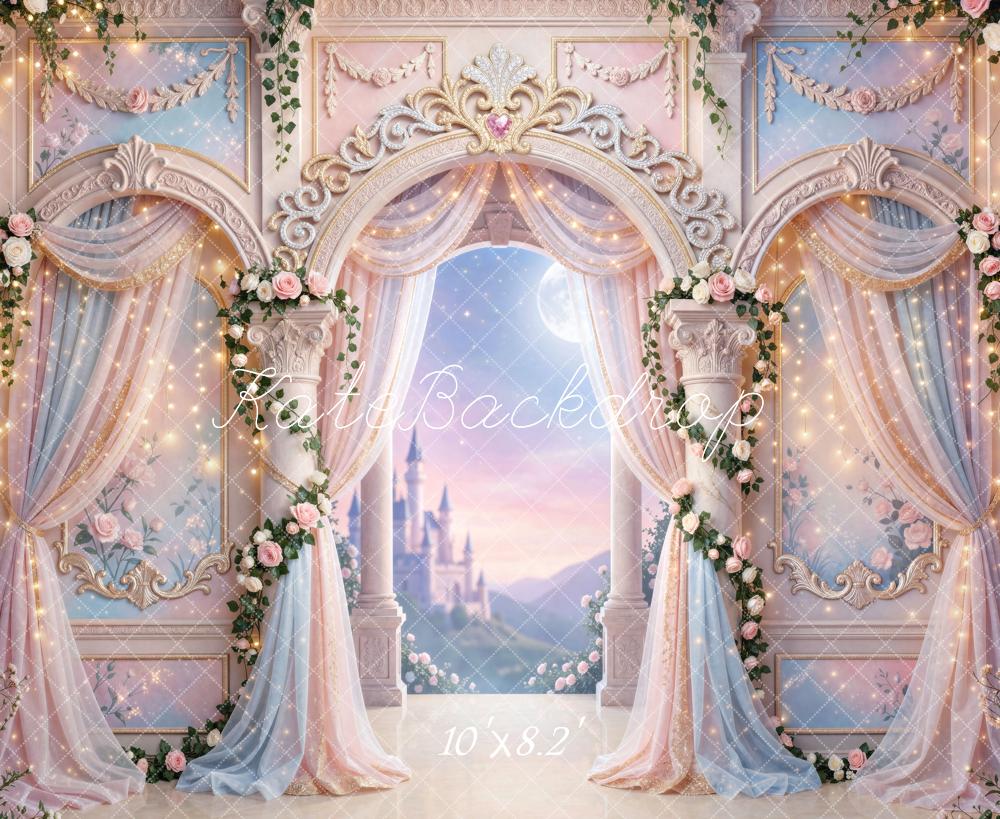 Kate Fairy Fantasy Pink Castle Rose Arch Printed Backdrop Designed by Mini MakeBelieve