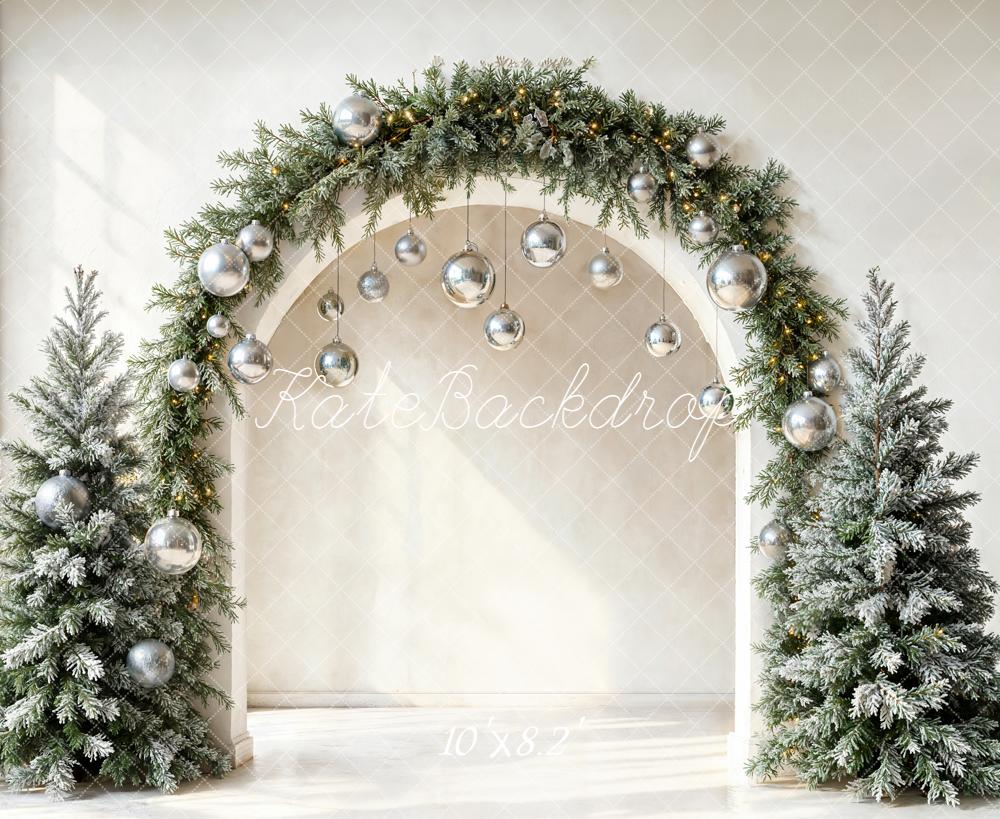 Kate Christmas Pine Arch Silver Ornaments Frosted Trees Backdrop Designed by Emetselch