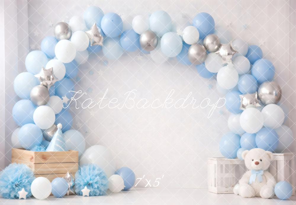 Kate Cake Smash Blue Balloon Arch Teddy Bear Crate Printed Backdrop Designed by Vertigo Productions