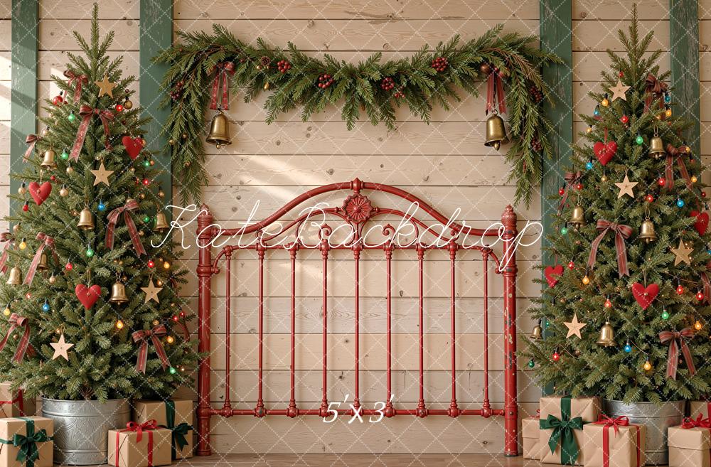 Kate Christmas Trees Red Iron Headboard Garland Printed Backdrop Designed by Shutter Swan Studios