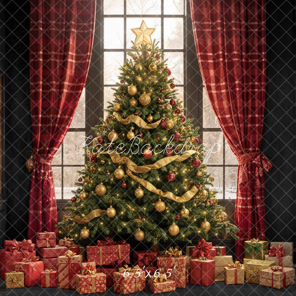 Kate Christmas Tree Red Plaid Curtains Window Gifts Backdrop Designed by Emetselch