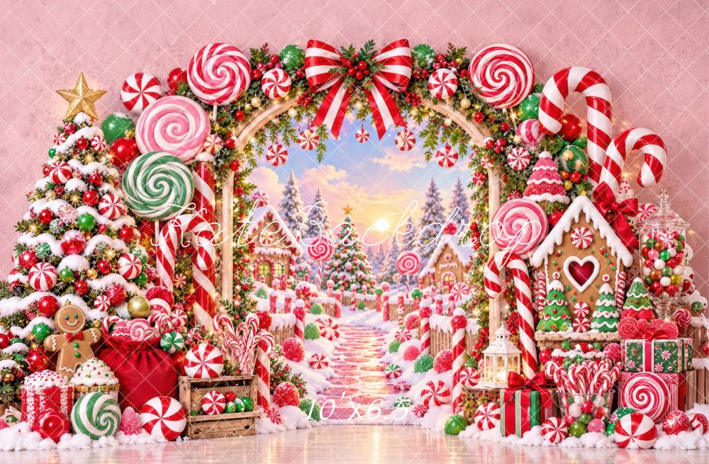 Kate Christmas Candyland Gingerbread Arch Snow Kids Printed Backdrop Designed by Laura Bybee