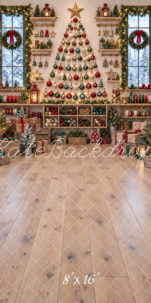 Kate Sweep Christmas Tree Garland Wreath Wood Floor Printed Backdrop Designed by Vertigo Productions
