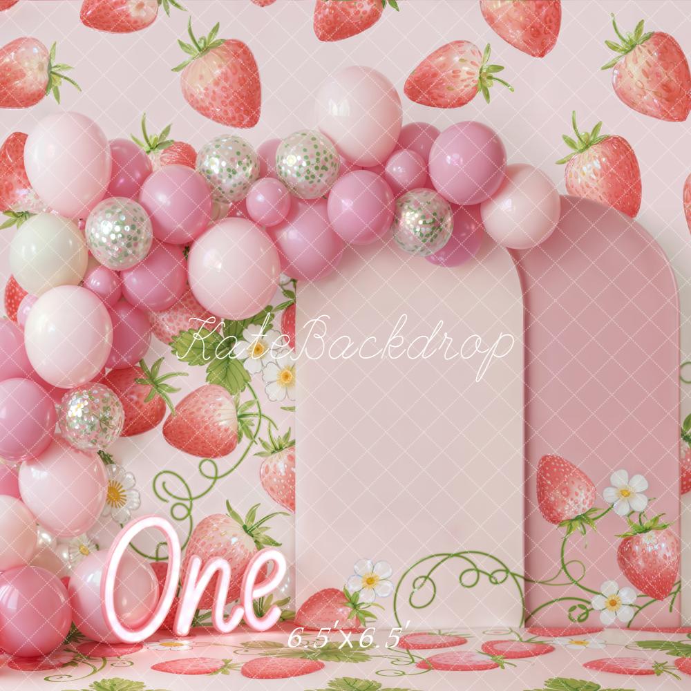 Kate Cake Smash Strawberry Balloon Arch Pink Panels Backdrop Designed by Emetselch