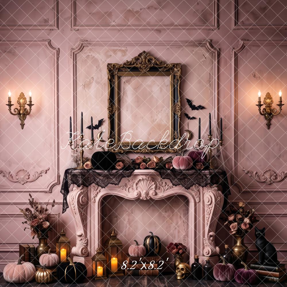 Kate Halloween Pink Gothic Fireplace Vintage Mantel Framed Printed Backdrop Designed by Patty Roberts