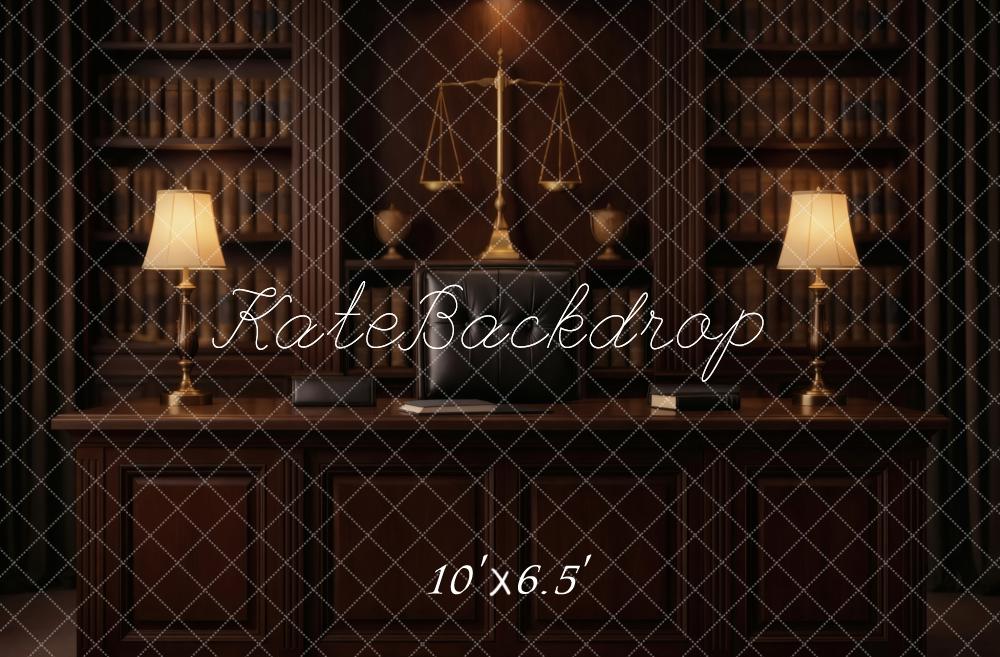 Kate Bookshelves Desk Scales of Justice Lamps Printed Backdrop Designed by Vertigo Productions