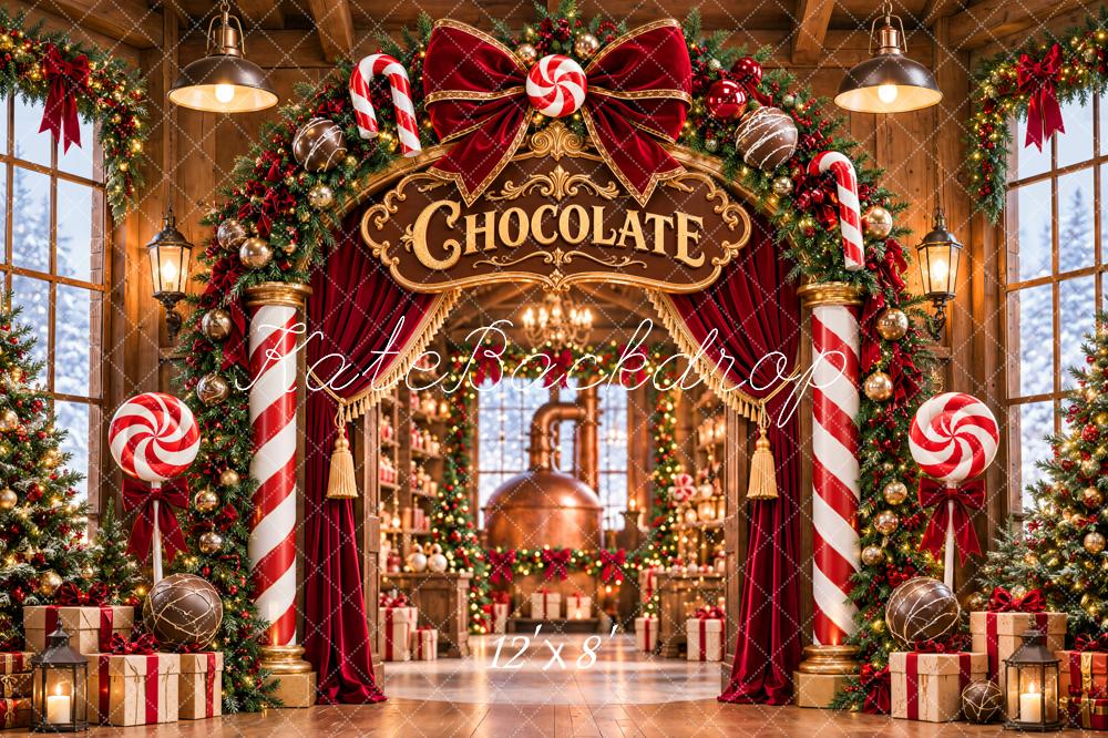 Kate Christmas Chocolate Factory Candy Cane Arch Bow Printed Backdrop Designed by Emetselch