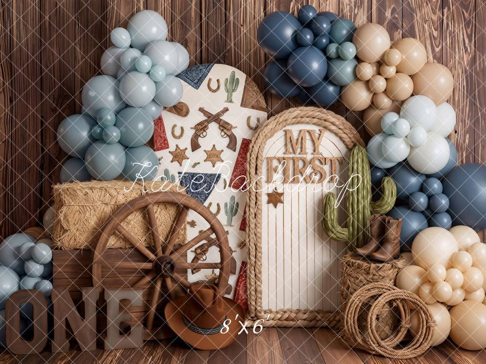 Kate Western Cowboy Balloons Cactus Wagon Wheel Brown Wood Printed Backdrop Designed by Emetselch