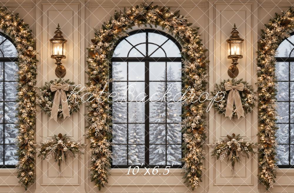 Kate Christmas Elegant Garland Arched Windows Printed Backdrop Designed by Vertigo Productions