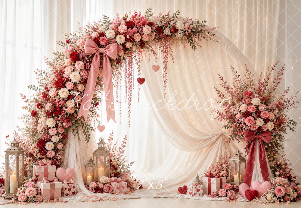 Kate Valentine's Day Circle Flower Arch Pink Roses Drapes Printed Backdrop Designed by Emetselch