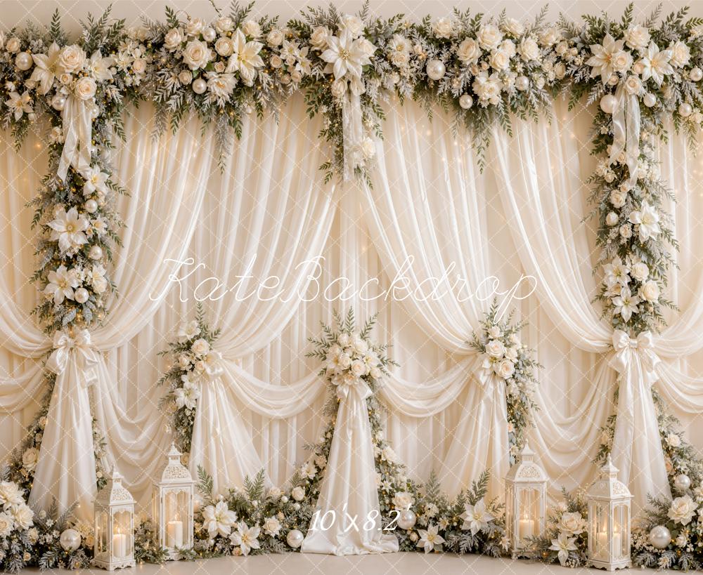 Kate Elegant Drapes Romantic White Flower Arch Lanterns Printed Backdrop Designed by Emetselch