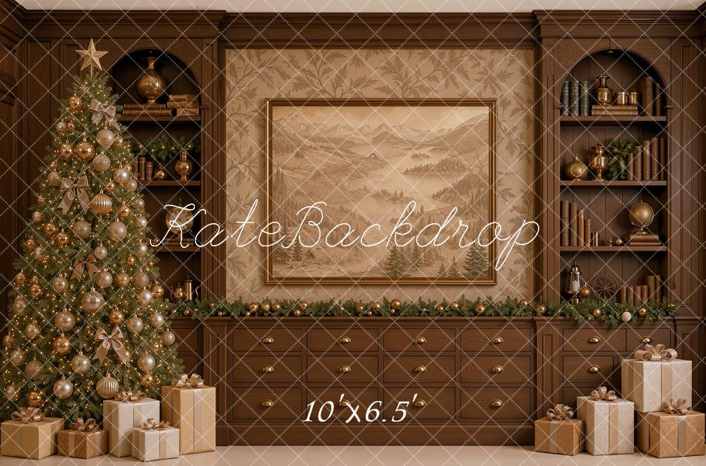 Kate Christmas Traditional Brown Library Cabinet Christmas Tree Printed Backdrop Designed by Shutter Swan Studios