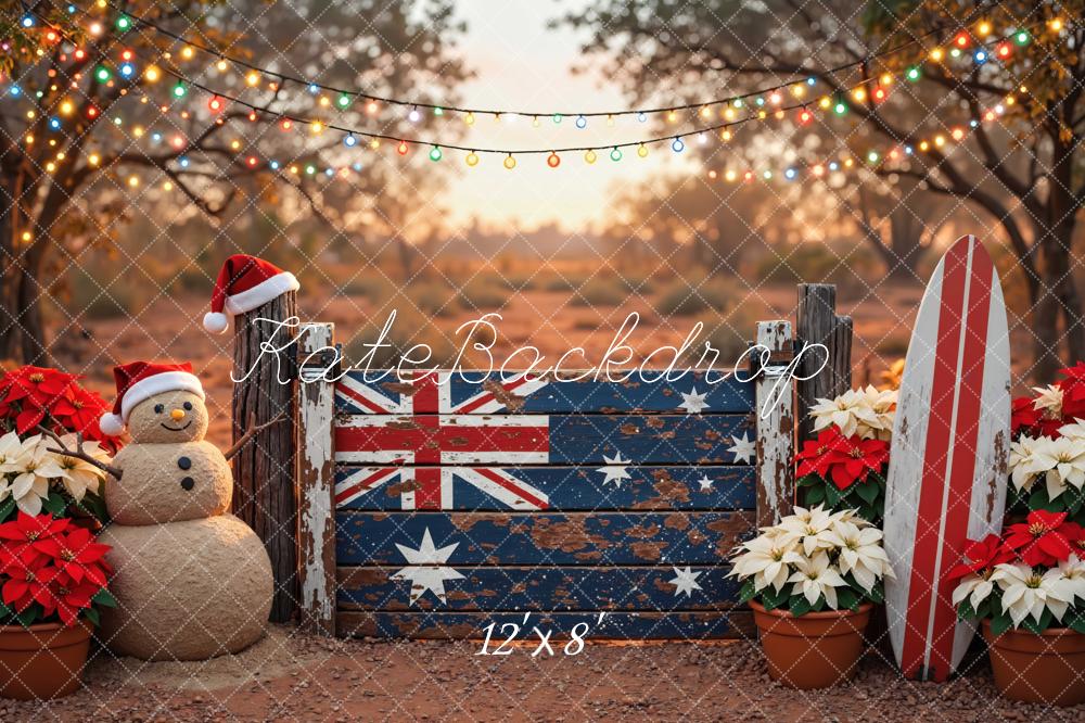 Kate Christmas Australian Flag Fence Sandman Surfboard Printed Backdrop Designed by Mini MakeBelieve
