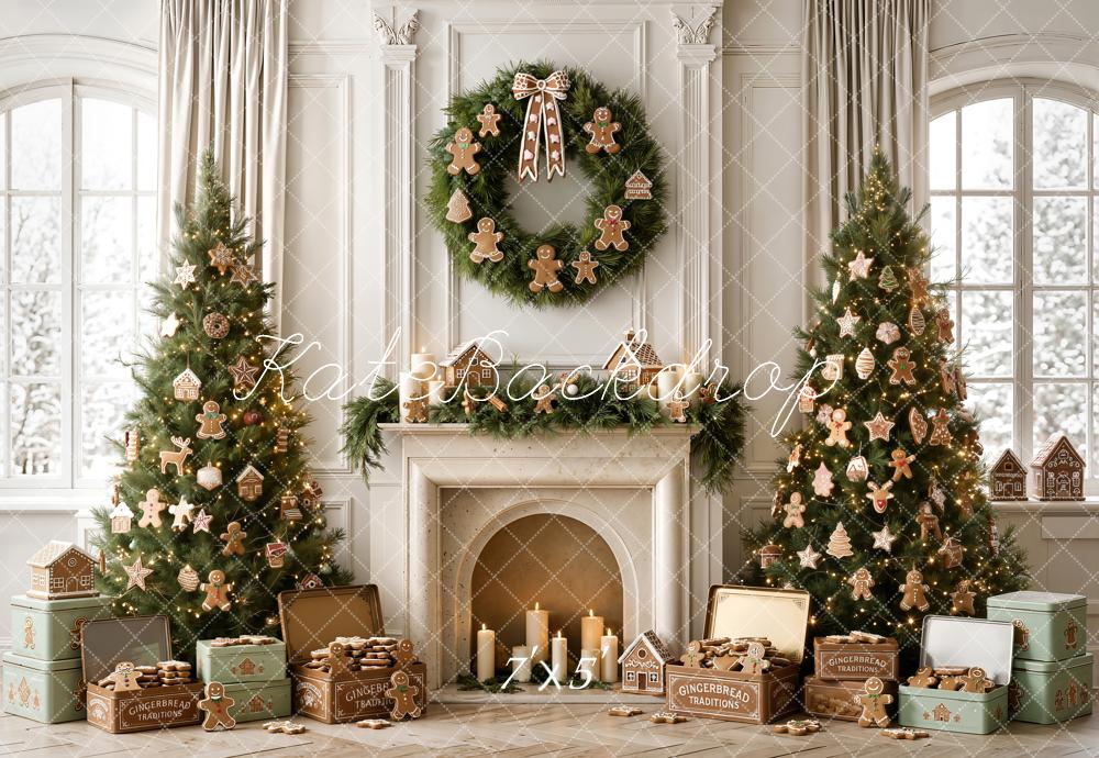 Kate Christmas Gingerbread Trees Wreath Fireplace Gifts Window Printed Backdrop Designed by Emetselch