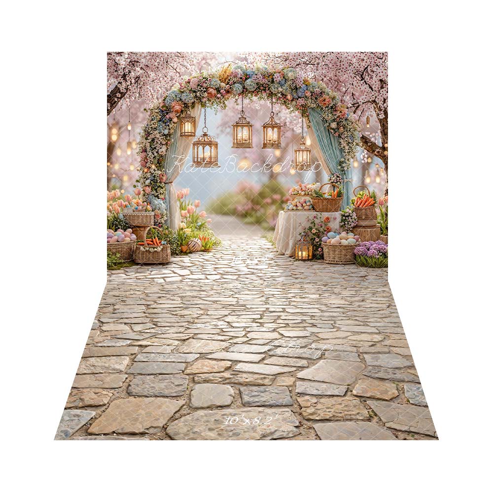 Kate Easter Spring Flower Arch Pastel Eggs Lanterns Garden Pink Printed Backdrop+Cobblestone Floor Printed Backdrop