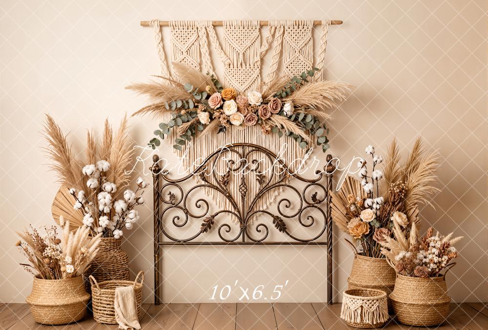 Kate Boho Headboard Macrame Dried Flowers Pampas Grass Beige Backdrop Designed by Emetselch