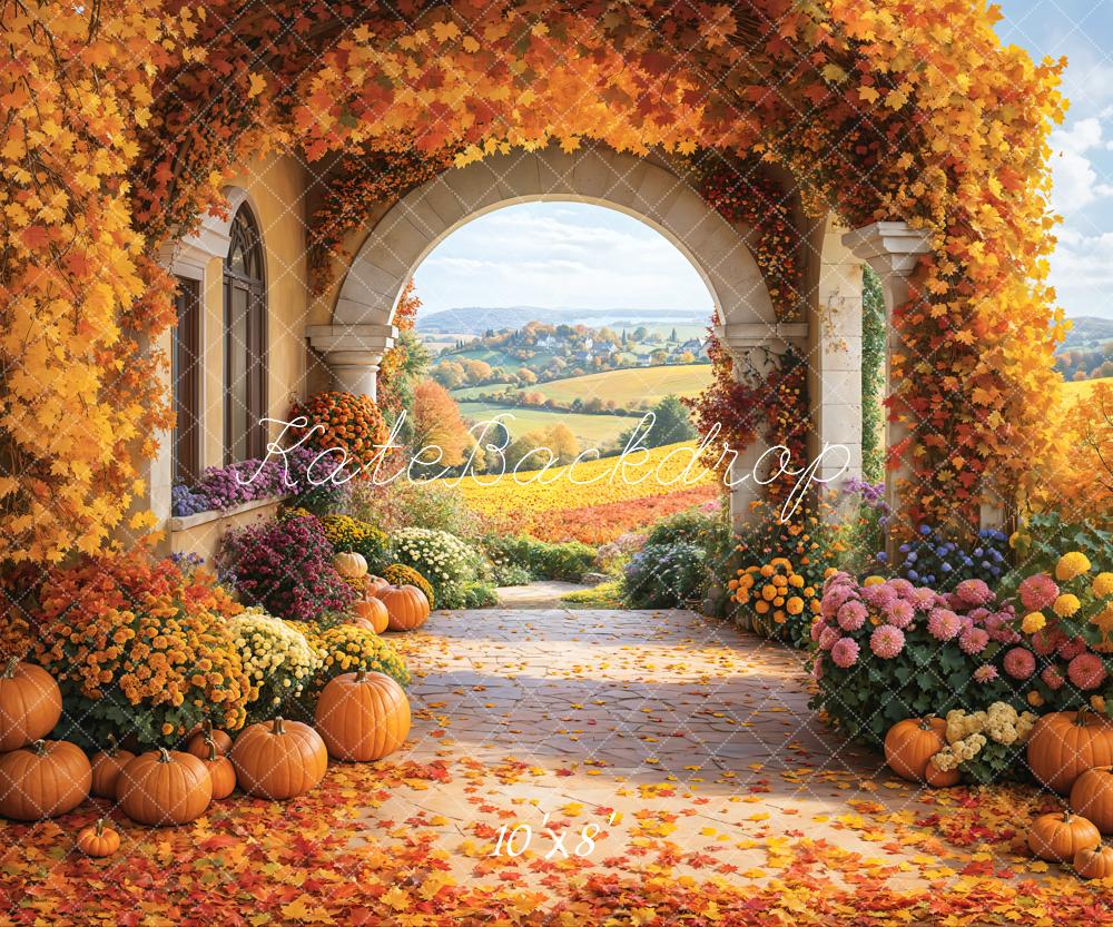 Fall Floral Pumpkin Retro Archway Field Foto Achtergrond Designed by Emetselch