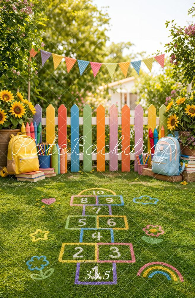 Kate Back to School Colorful Fence Hopscotch Playground Kids Printed Backdrop Designed by Emetselch