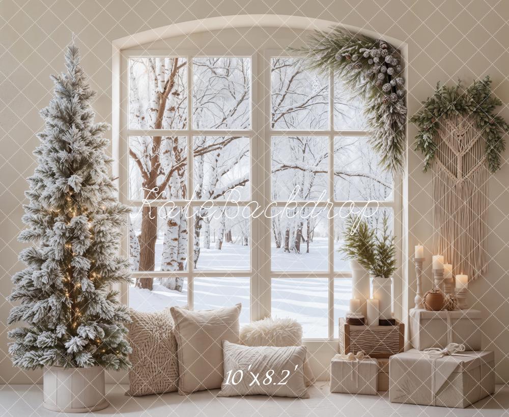 Kate Christmas Winter Snowy Window Tree Neutral Cozy Backdrop Designed by Emetselch
