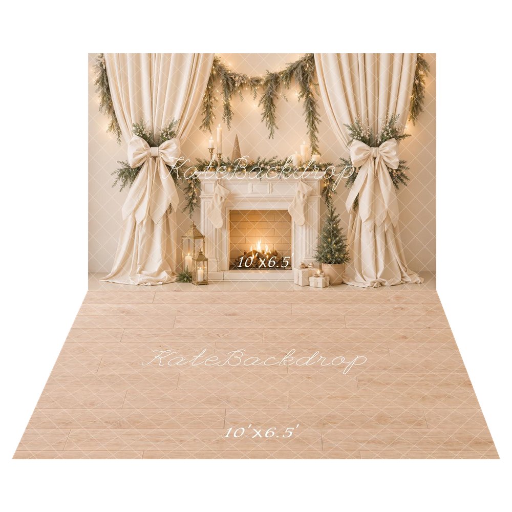 Kate Christmas Beige Fireplace Drapes Bow Garland Printed Backdrop+Light Wood Floor Printed Backdrop