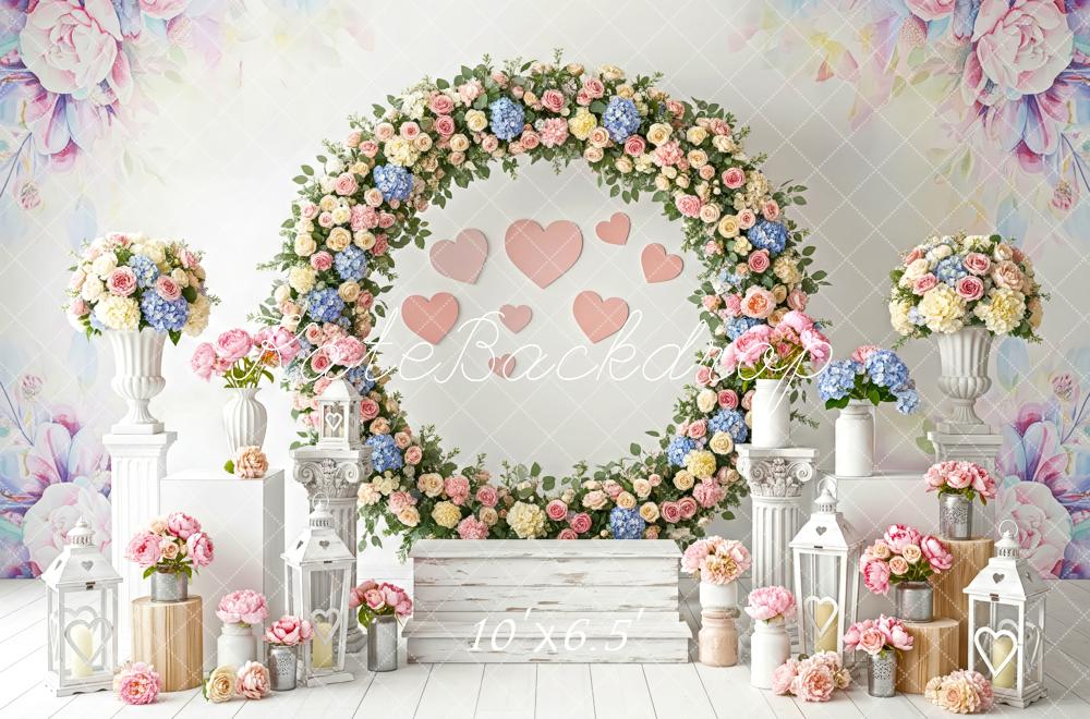 Kate Valentine's Day Flower Arch Hearts Lanterns Pedestals Backdrop Designed by Patty Roberts
