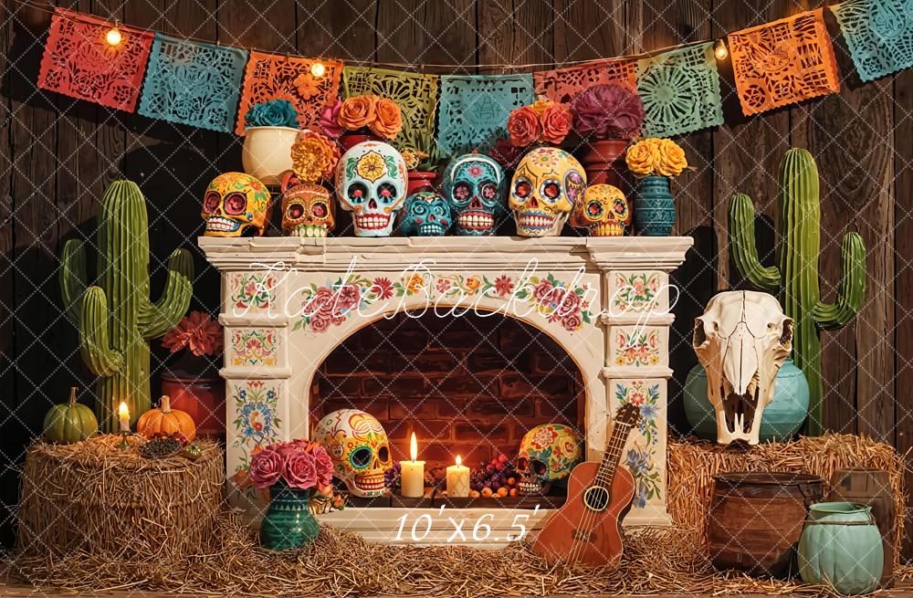 Kate Day Of The Dead Fireplace Skulls Guitar Cactus Papel Picado Backdrop Designed by Emetselch