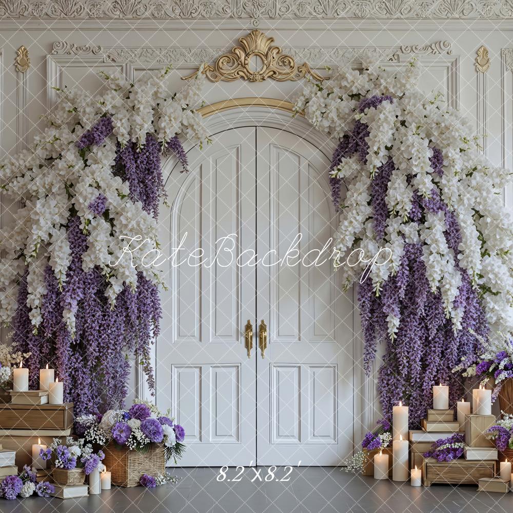 Kate Flower Arch Ornate White Door Purple Wisteria Backdrop Designed by Mini MakeBelieve