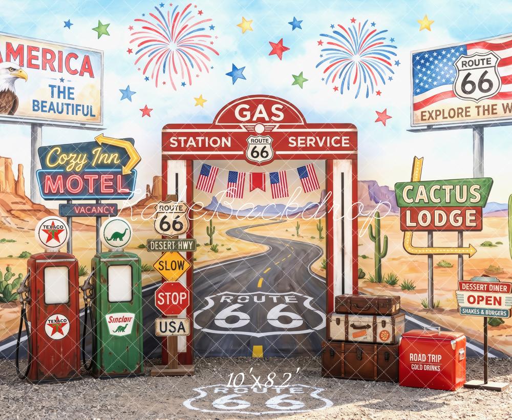 Kate Route 66 Gas Station Desert Motel Fireworks Printed Backdrop Designed by Patty Roberts