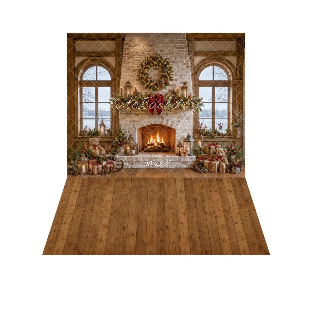Kate Christmas Stone Fireplace Wreath Garland Lanterns Teddy Bear Printed Backdrop+Brown Wood Plank Floor Printed Backdrop