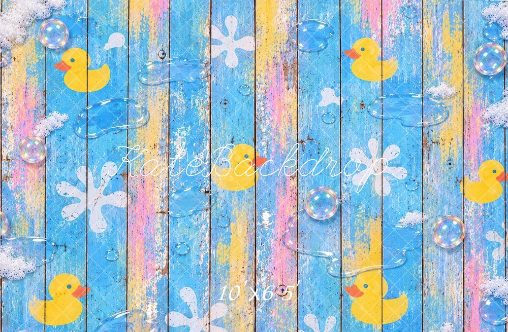 Kate Blue Rubber Duck Bubbles Wood Plank Floor Printed Backdrop Designed by Laura Bybee