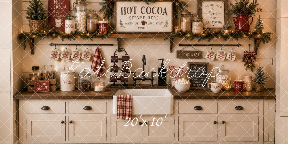 Kate Christmas Hot Cocoa Bar Rustic Kitchen Cabinet Printed Backdrop Designed by Megan Leigh Photography