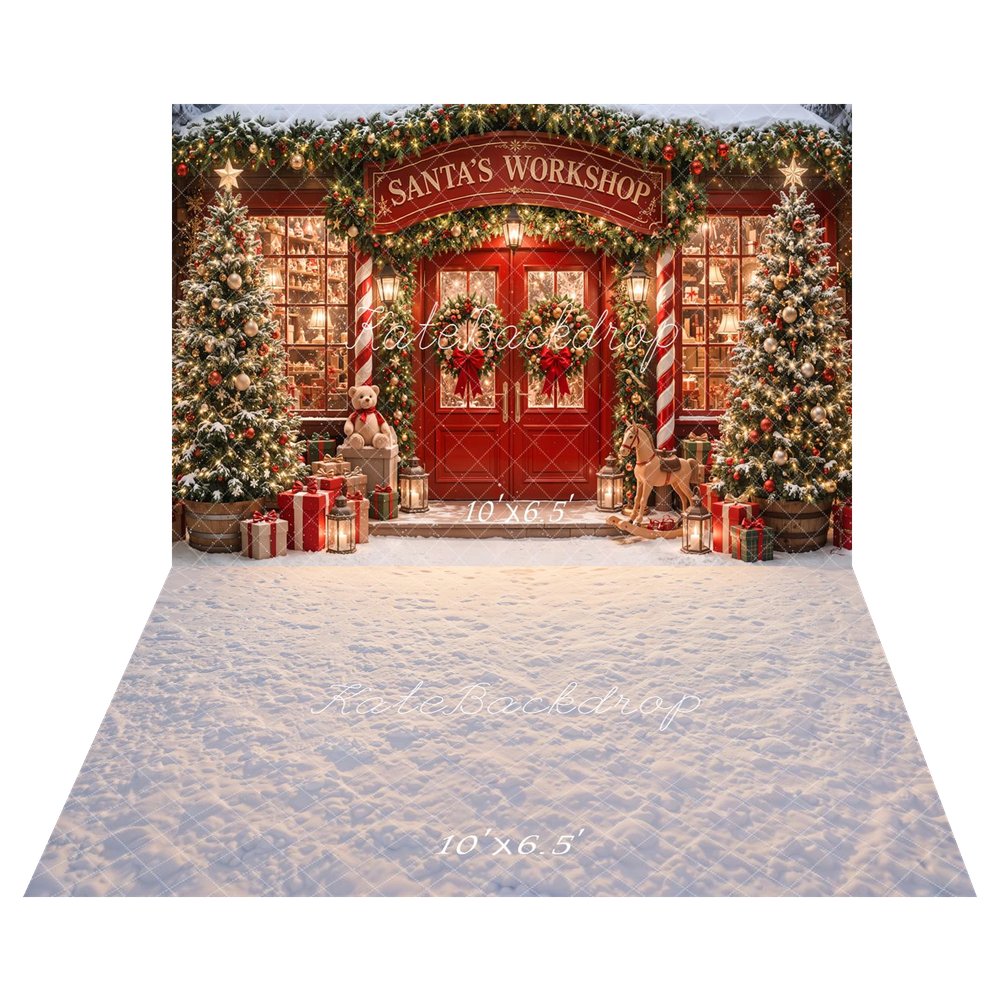 Kate Christmas Santa's Workshop Red Door Trees Presents Printed Backdrop+Snowy Ground Floor Printed Backdrop