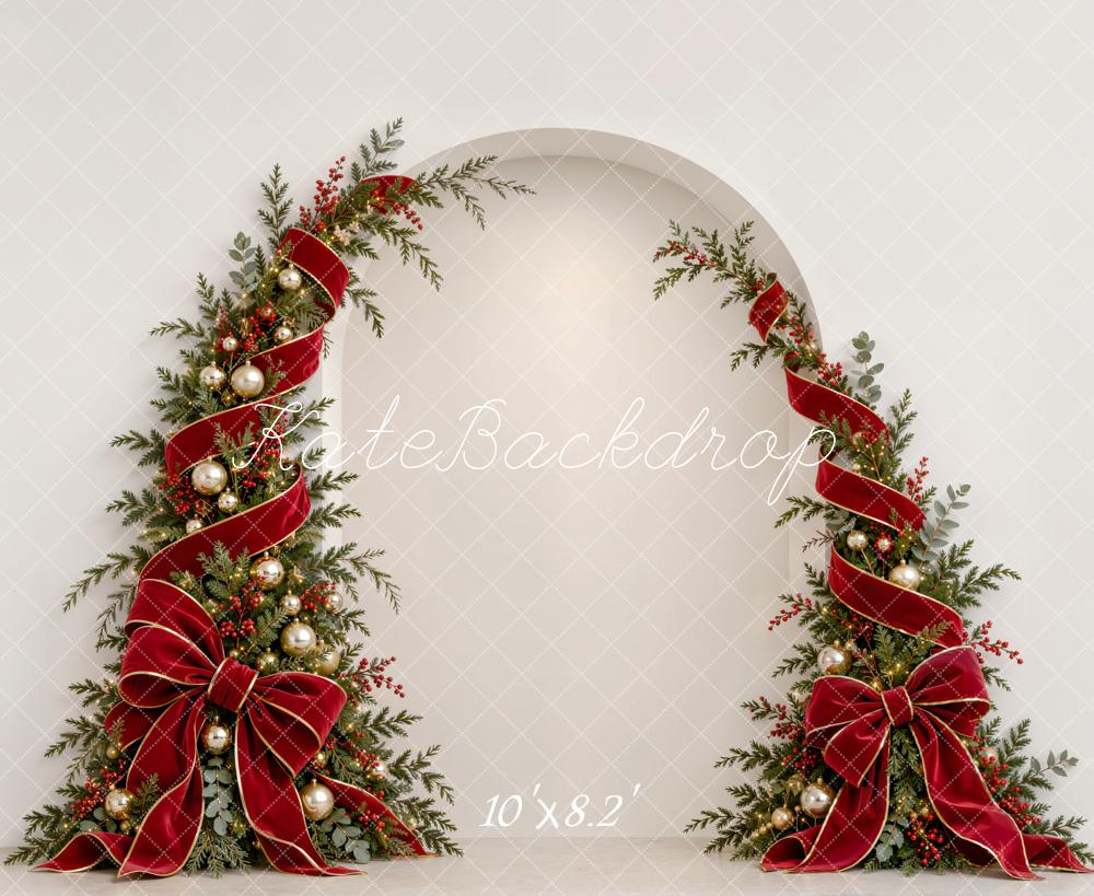 Kate Christmas Arch Red Ribbon Bow Garland White Wall Printed Backdrop Designed by Emetselch