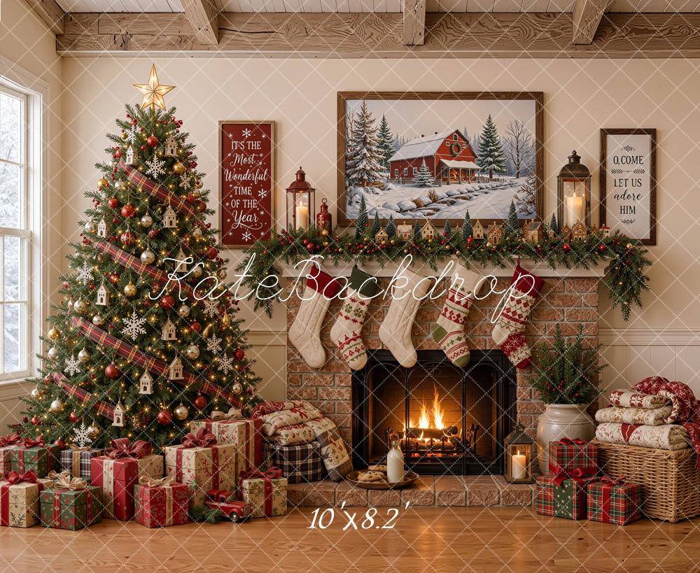 Kate Christmas Tree Stone Fireplace Gifts Stockings Rustic Printed Backdrop Designed by Shutter Swan Studios