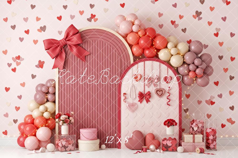 Kate Valentine's Day Cake Smash Pink Heart Balloon Arch Bow Printed Backdrop Designed by Patty Roberts